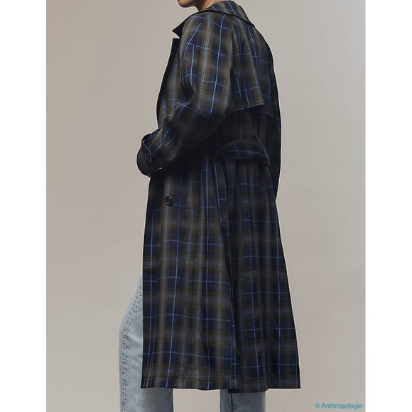 NWT Avec Les Filles Navy Blue Plaid Belted Trenchcoat (Oversize Fit) - Picture 4 of 8